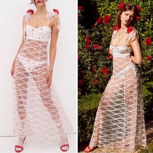 FOR LOVE & LEMONS Giada Sheer Polkadot Rose Rosette Maxi Dress Size XS